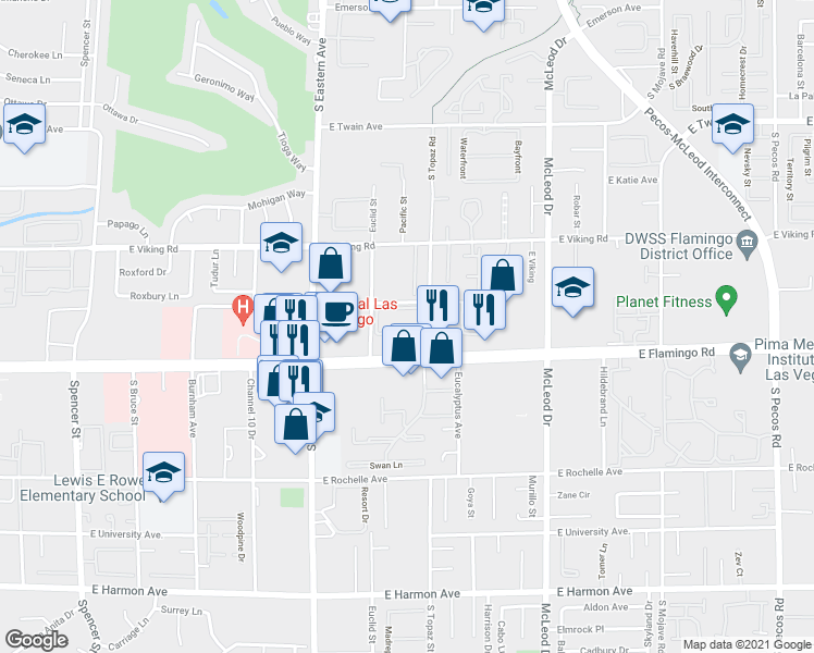 map of restaurants, bars, coffee shops, grocery stores, and more near 2530 East Flamingo Road in Las Vegas