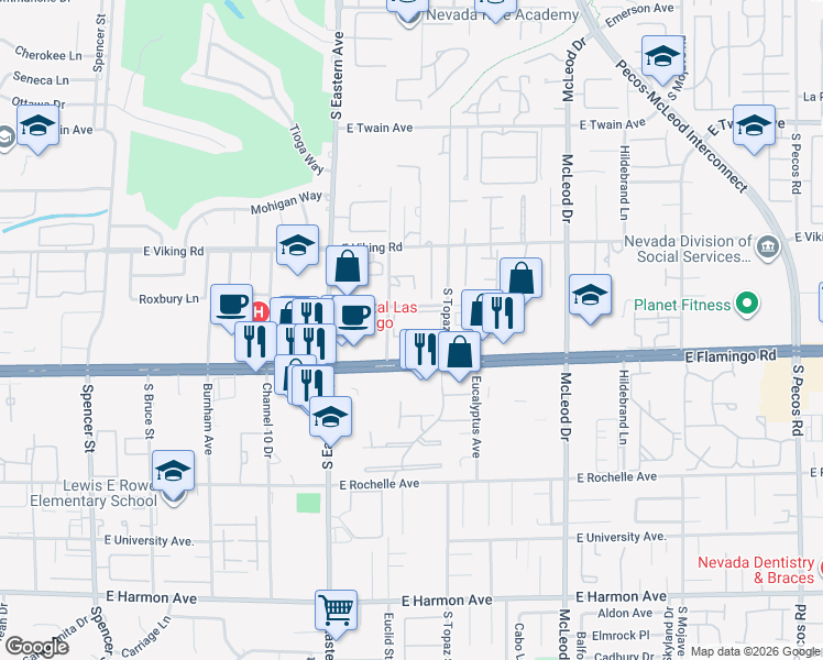 map of restaurants, bars, coffee shops, grocery stores, and more near 2530 East Flamingo Road in Las Vegas
