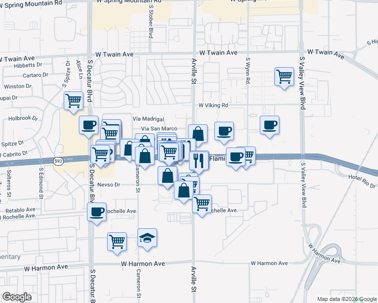 map of restaurants, bars, coffee shops, grocery stores, and more near 202 West Flamingo Road in Las Vegas