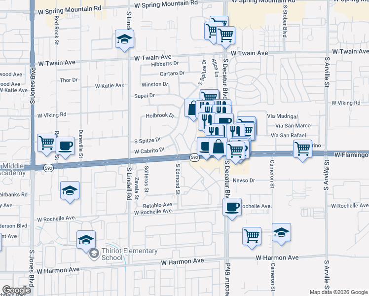 map of restaurants, bars, coffee shops, grocery stores, and more near 4082 Crete Lane in Las Vegas