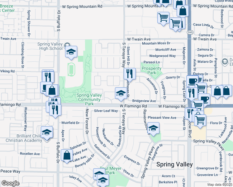 map of restaurants, bars, coffee shops, grocery stores, and more near 7360 West Flamingo Road in Las Vegas
