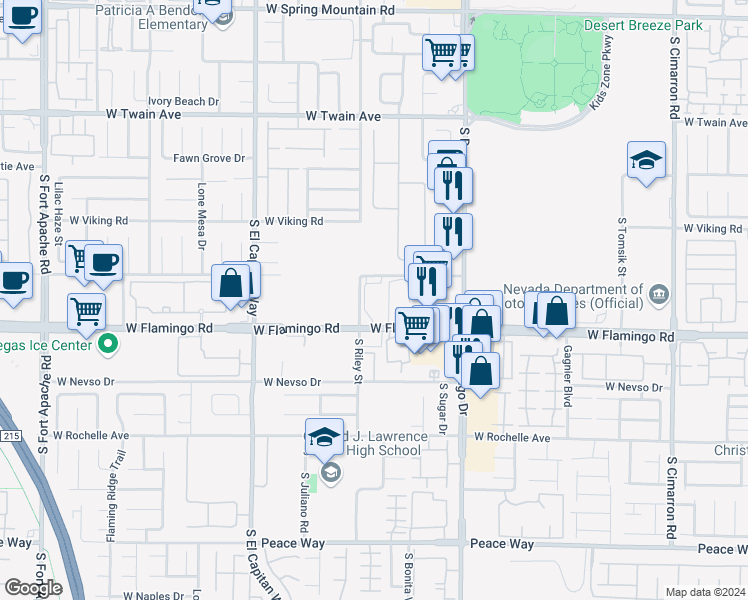 map of restaurants, bars, coffee shops, grocery stores, and more near 8710 West Flamingo Road in Las Vegas