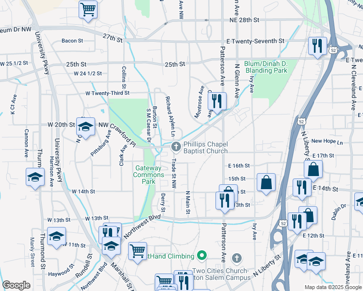 map of restaurants, bars, coffee shops, grocery stores, and more near 132 Glenn Avenue Northeast in Winston-Salem