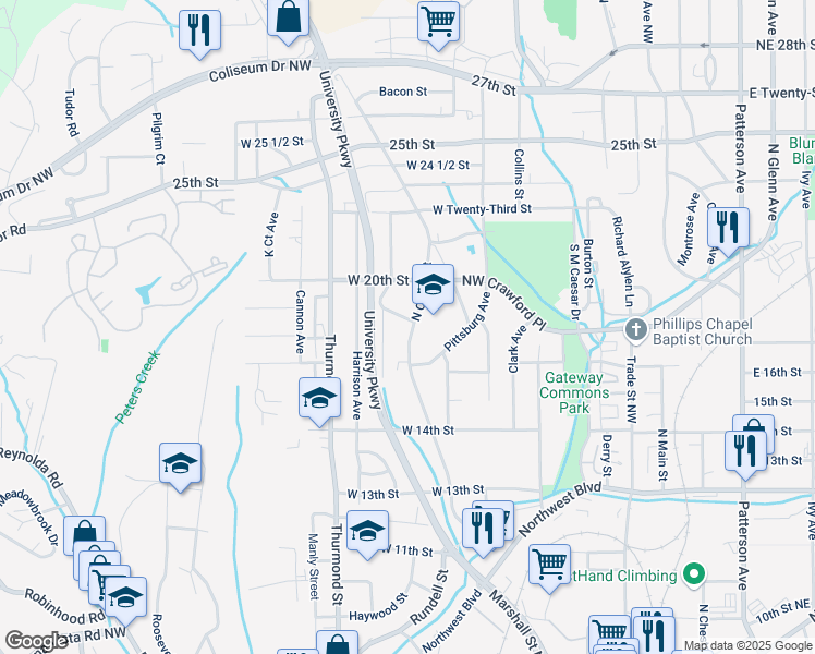 map of restaurants, bars, coffee shops, grocery stores, and more near 1621 Cherry Street in Winston-Salem