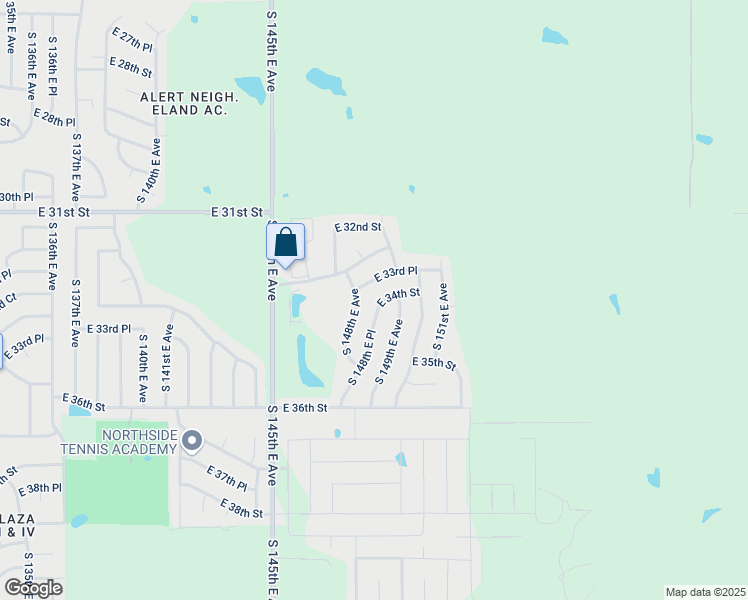 map of restaurants, bars, coffee shops, grocery stores, and more near 3406 South 148th East Place in Tulsa