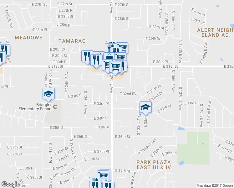 map of restaurants, bars, coffee shops, grocery stores, and more near 12927 East 33rd Street in Tulsa