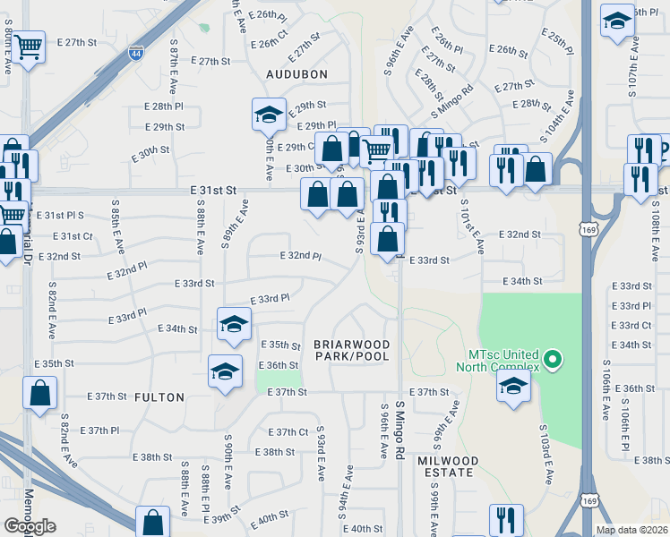map of restaurants, bars, coffee shops, grocery stores, and more near 9077 East 33rd Street in Tulsa