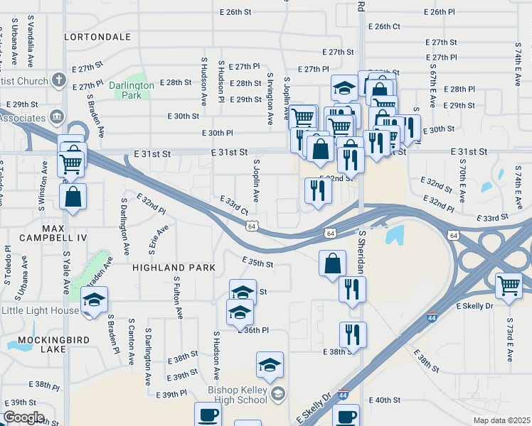 map of restaurants, bars, coffee shops, grocery stores, and more near 5972 East 33rd Court in Tulsa