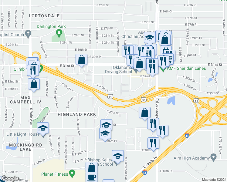 map of restaurants, bars, coffee shops, grocery stores, and more near 5972 East 33rd Court in Tulsa