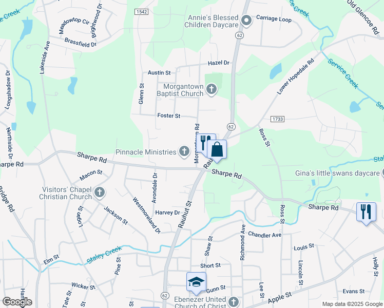 map of restaurants, bars, coffee shops, grocery stores, and more near 1530 Morgantown Road in Burlington
