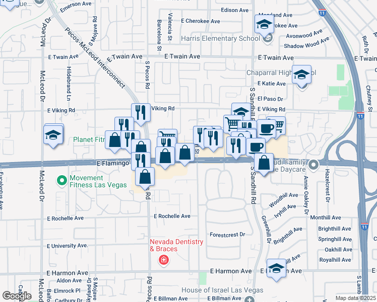 map of restaurants, bars, coffee shops, grocery stores, and more near 3530 East Flamingo Road in Las Vegas