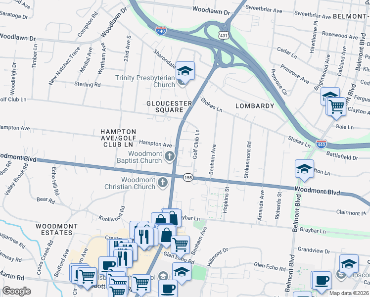 map of restaurants, bars, coffee shops, grocery stores, and more near 3447 Golf Club Lane in Nashville