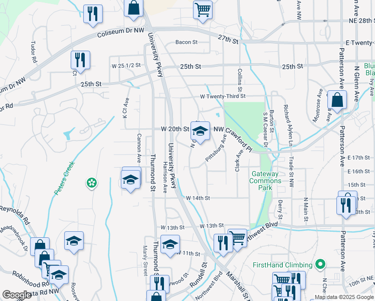 map of restaurants, bars, coffee shops, grocery stores, and more near 1621 Cherry Street in Winston-Salem