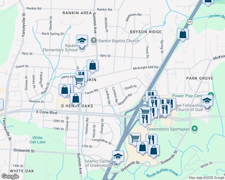map of restaurants, bars, coffee shops, grocery stores, and more near 3210 London Road in Greensboro