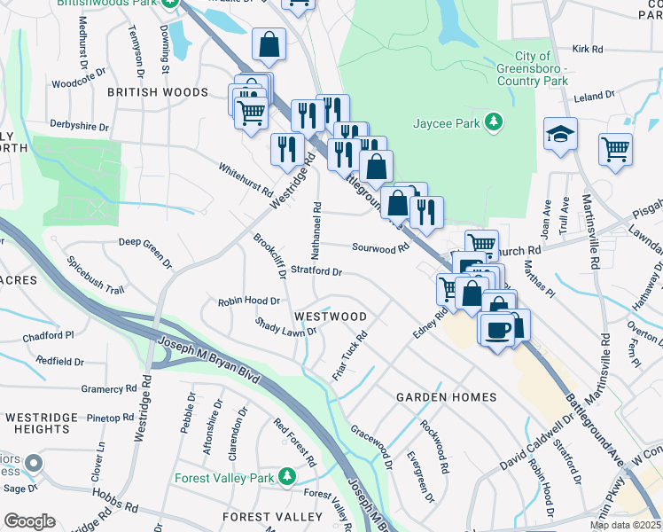 map of restaurants, bars, coffee shops, grocery stores, and more near 3021 Stratford Drive in Greensboro