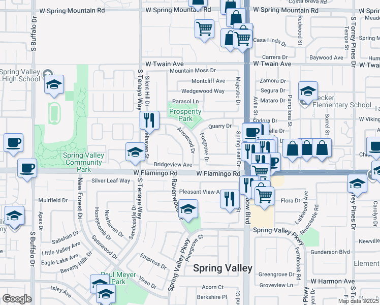 map of restaurants, bars, coffee shops, grocery stores, and more near 4067 Arrowood Drive in Las Vegas
