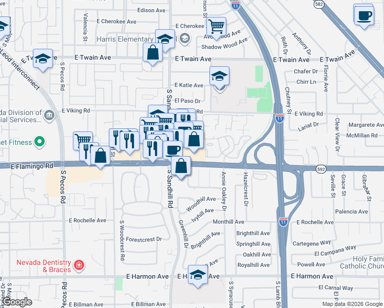 map of restaurants, bars, coffee shops, grocery stores, and more near 3870 East Flamingo Road in Las Vegas