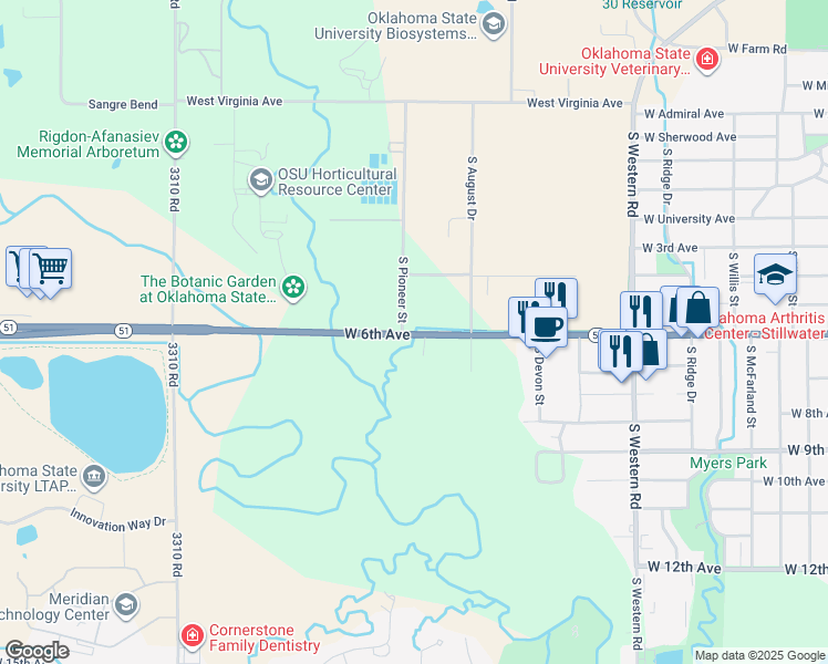map of restaurants, bars, coffee shops, grocery stores, and more near 2902 West 6th Avenue in Stillwater