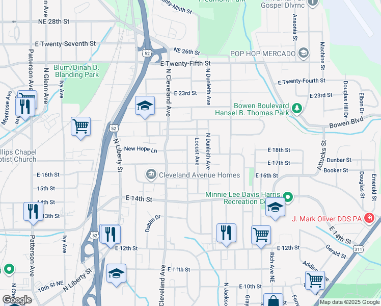 map of restaurants, bars, coffee shops, grocery stores, and more near 1711 Claremont Avenue Northeast in Winston-Salem