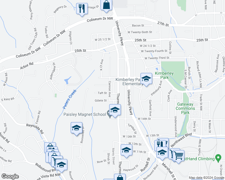 map of restaurants, bars, coffee shops, grocery stores, and more near 1710 Grant Avenue in Winston-Salem