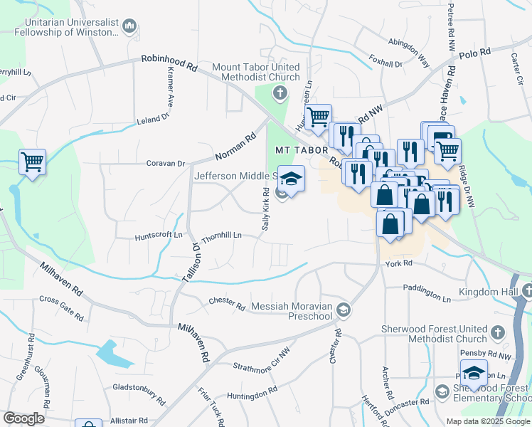 map of restaurants, bars, coffee shops, grocery stores, and more near 3500 Sally Kirk Road in Winston-Salem