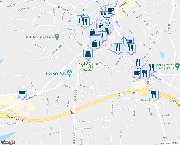 map of restaurants, bars, coffee shops, grocery stores, and more near 311 Salisbury Street in Kernersville