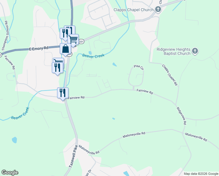 map of restaurants, bars, coffee shops, grocery stores, and more near 7004 Fairview Road in Corryton