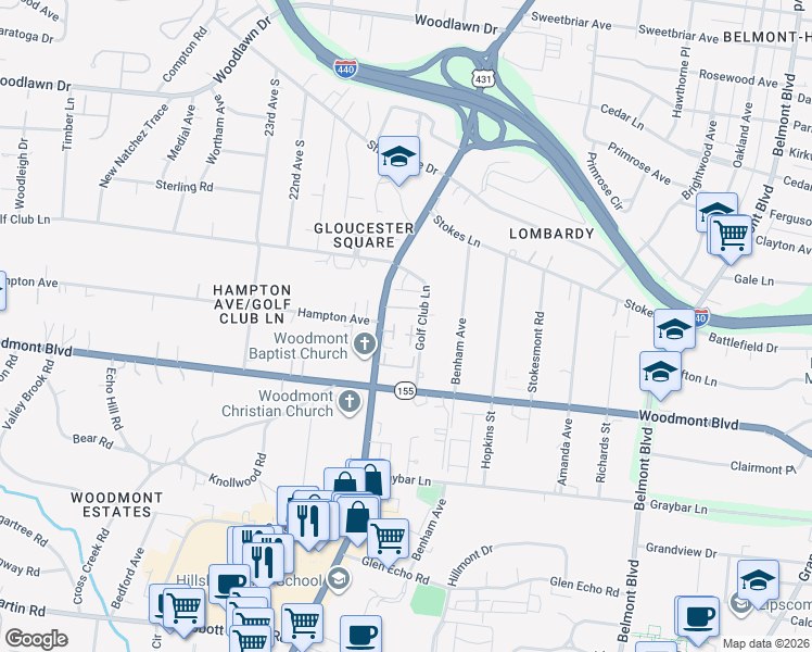 map of restaurants, bars, coffee shops, grocery stores, and more near 3447 Golf Club Lane in Nashville
