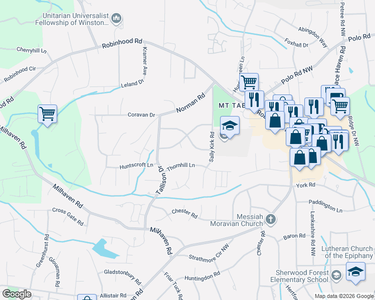 map of restaurants, bars, coffee shops, grocery stores, and more near 3501 Woodmere Place in Winston-Salem