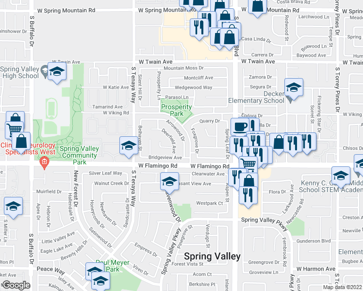 map of restaurants, bars, coffee shops, grocery stores, and more near 4067 Arrowood Drive in Las Vegas