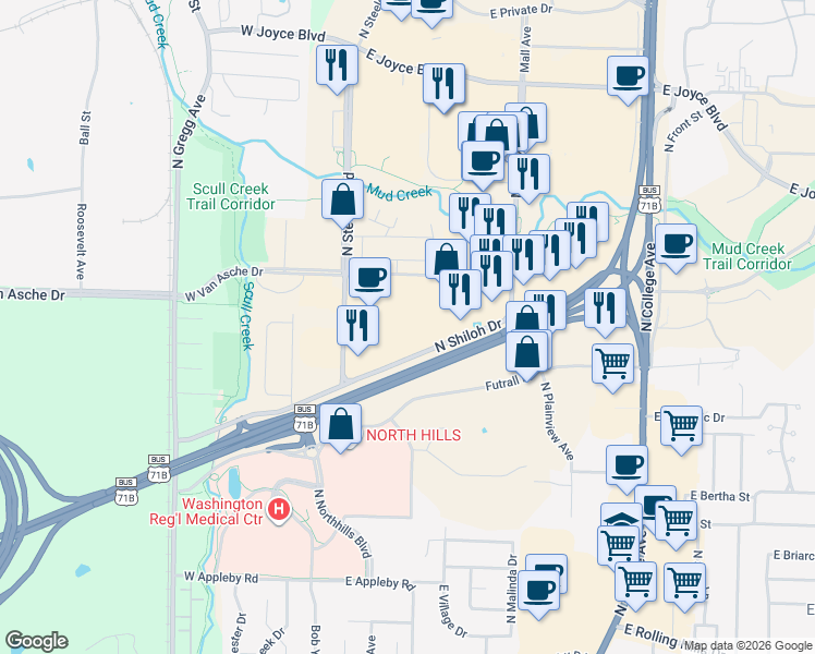 map of restaurants, bars, coffee shops, grocery stores, and more near 3557 Shiloh Drive in Fayetteville