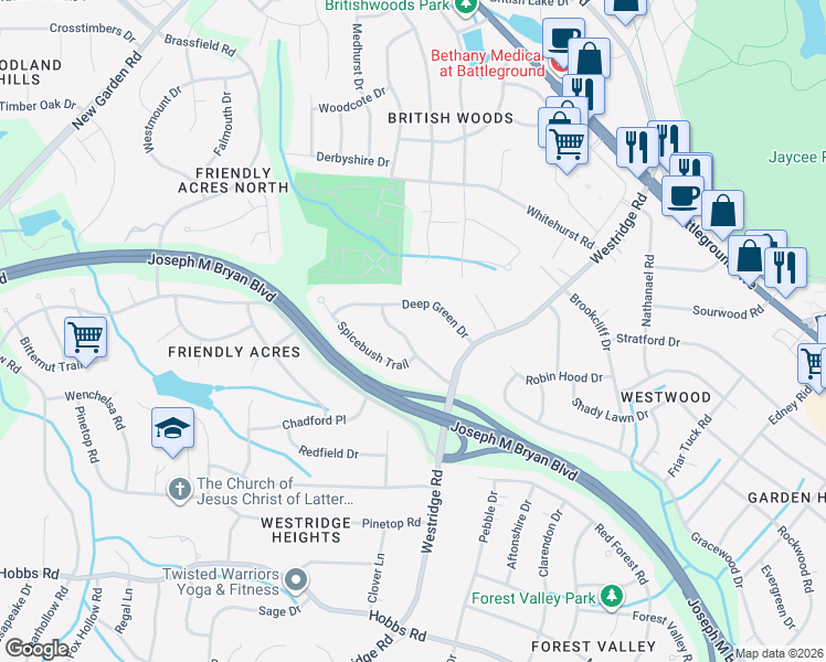 map of restaurants, bars, coffee shops, grocery stores, and more near 3503 Smoketree Drive in Greensboro