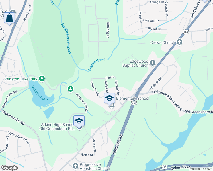 map of restaurants, bars, coffee shops, grocery stores, and more near Blaine Street in Winston-Salem