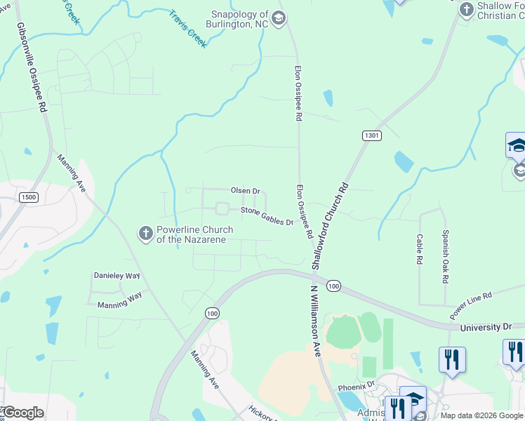 map of restaurants, bars, coffee shops, grocery stores, and more near 4011 Ralston Drive in Elon