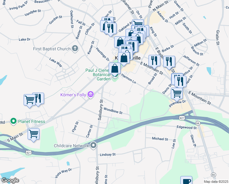 map of restaurants, bars, coffee shops, grocery stores, and more near 205 Sylvan Street in Kernersville
