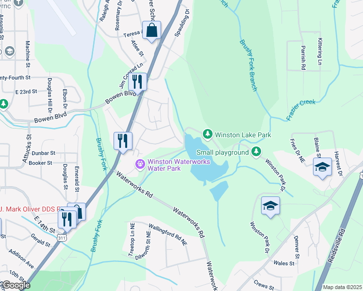 map of restaurants, bars, coffee shops, grocery stores, and more near Winston Lake Road in Winston-Salem