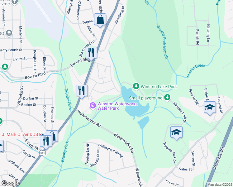 map of restaurants, bars, coffee shops, grocery stores, and more near Winston Lake Road in Winston-Salem