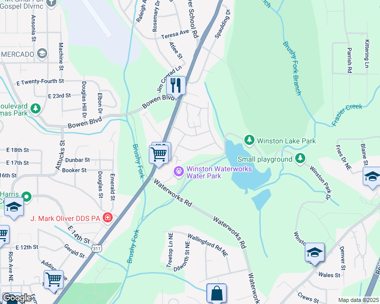 map of restaurants, bars, coffee shops, grocery stores, and more near Winston Lake Road in Winston-Salem