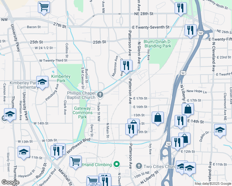 map of restaurants, bars, coffee shops, grocery stores, and more near 1628 North Chestnut Street in Winston-Salem