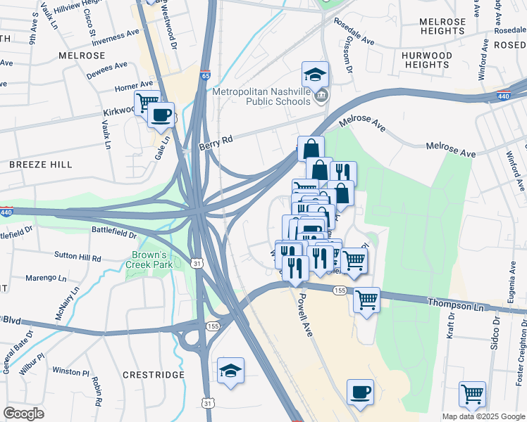 map of restaurants, bars, coffee shops, grocery stores, and more near 634 West Iris Drive in Nashville