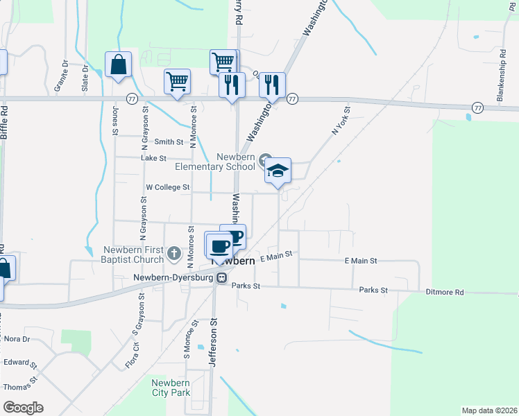map of restaurants, bars, coffee shops, grocery stores, and more near 211 Sycamore Street in Newbern