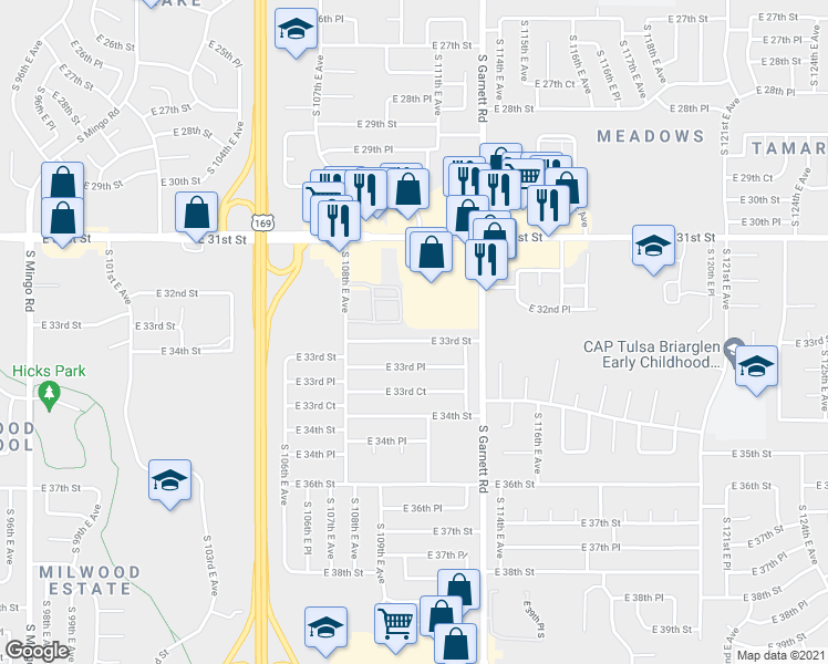 map of restaurants, bars, coffee shops, grocery stores, and more near 10848 East 33rd Street in Tulsa