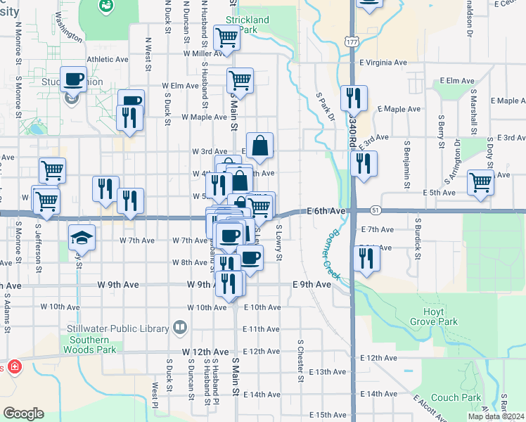 map of restaurants, bars, coffee shops, grocery stores, and more near 123 East 6th Avenue in Stillwater