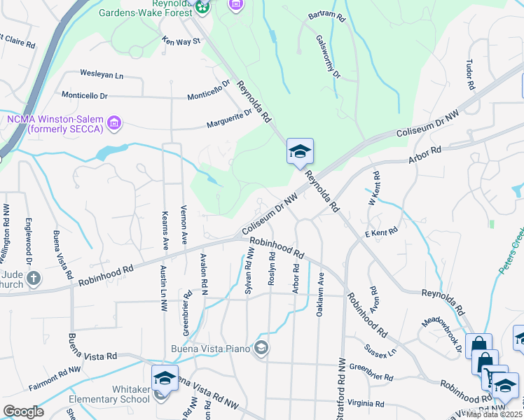 map of restaurants, bars, coffee shops, grocery stores, and more near 11 Graylyn Place Court in Winston-Salem