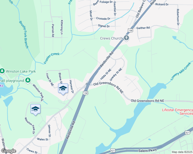 map of restaurants, bars, coffee shops, grocery stores, and more near 4009 Hilda Street Northeast in Winston-Salem