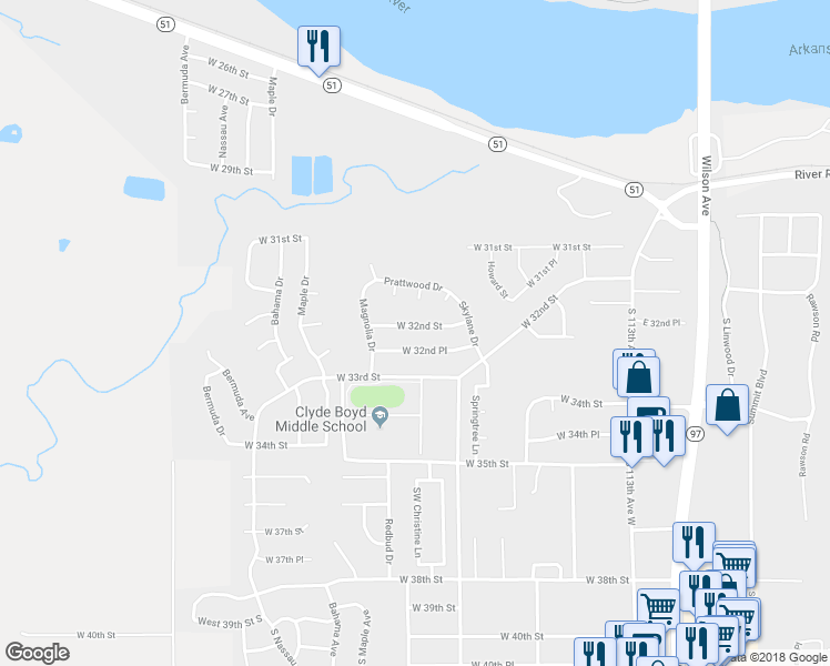 map of restaurants, bars, coffee shops, grocery stores, and more near 316 West 32nd Street in Sand Springs