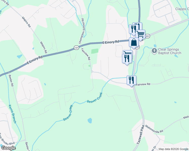 map of restaurants, bars, coffee shops, grocery stores, and more near 7325 Fairview Road in Corryton