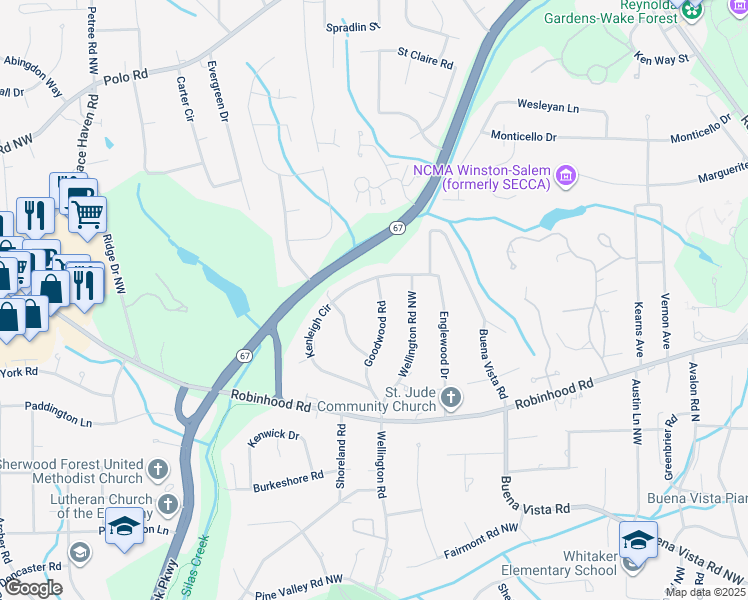 map of restaurants, bars, coffee shops, grocery stores, and more near 940 Goodwood Road in Winston-Salem