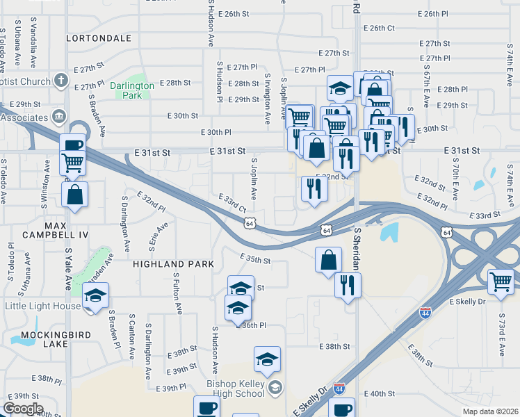 map of restaurants, bars, coffee shops, grocery stores, and more near 5972 East 33rd Court in Tulsa