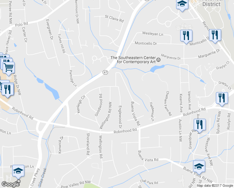 map of restaurants, bars, coffee shops, grocery stores, and more near 1046 Englewood Drive in Winston-Salem